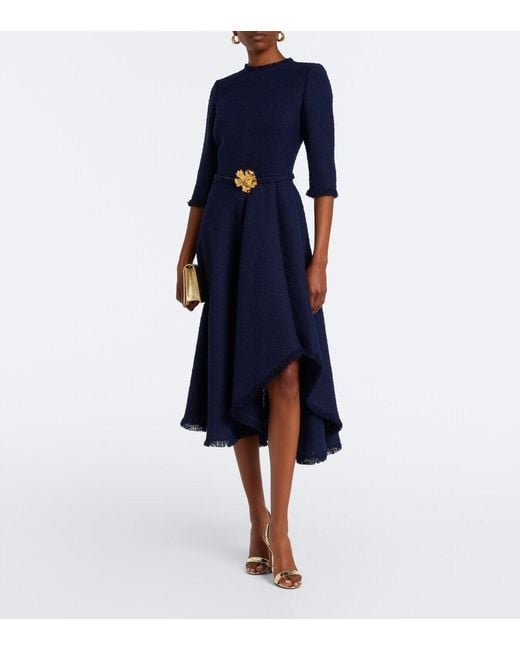 Oscar de la Renta Blue Embellished Tweed Midi Dress