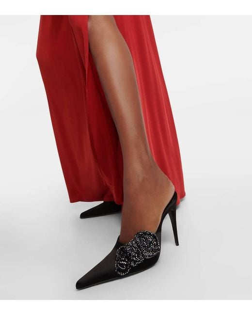 Magda Butrym Black Floral-Applique Embellished Satin Mules