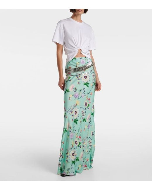 Rabanne Green Chain-Detail Floral Satin Maxi Skirt