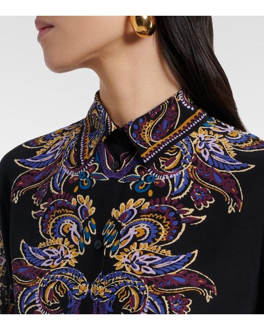 Etro Black Silk Shirt With Placed Paisley Foliage Print