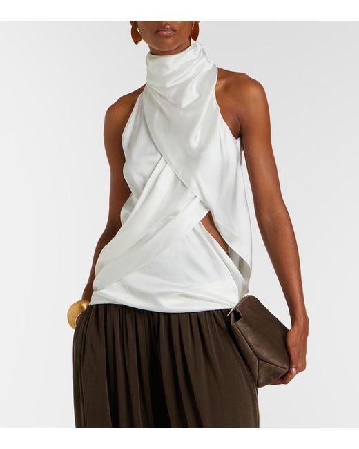 Balmain White Draped Halterneck Silk Top