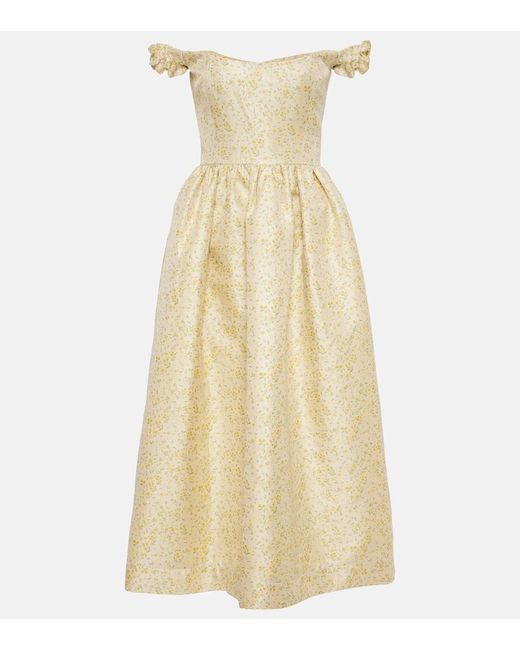Markarian Yellow Off-Shoulder Embroidered Midi Dress