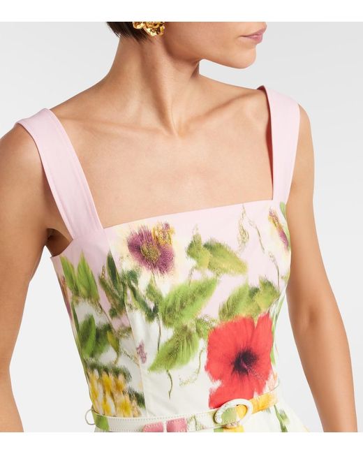 Oscar de la Renta White Belted Floral Cotton-Blend Poplin Midi Dress