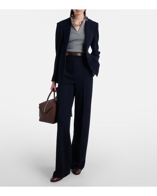 Max Mara Blue Attinia Virgin Wool Pique Wide-Leg Pants