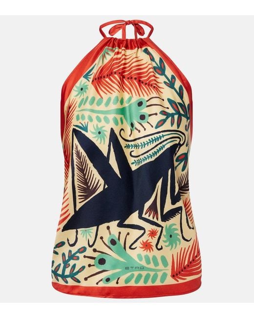 Etro Green Printed Halterneck Silk Top