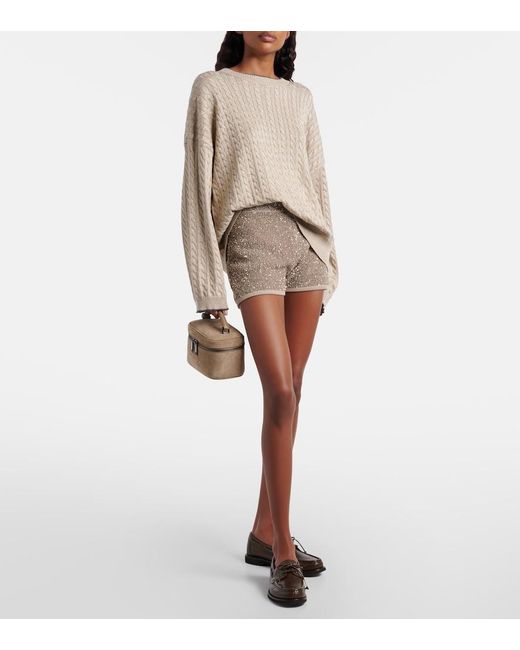 Brunello Cucinelli Natural Sequined Ribbed-Knit Cotton Shorts