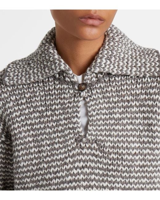 Polo Ralph Lauren Gray Striped Cotton And Wool-Blend Polo Sweater