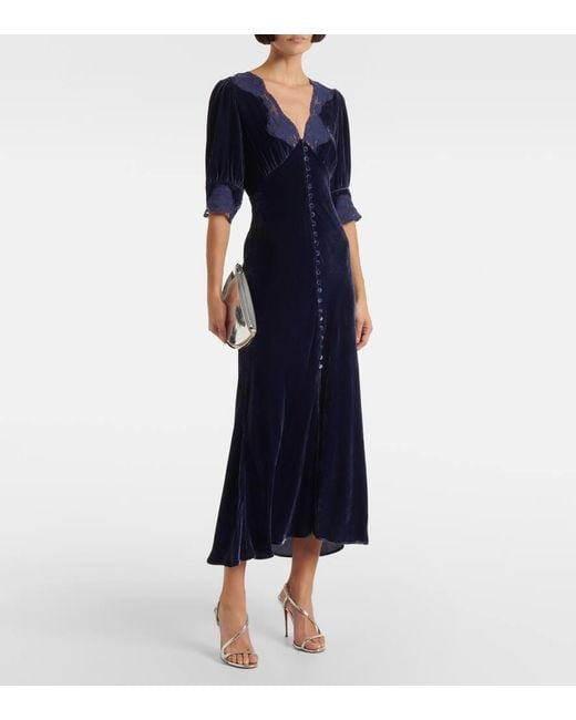 Rixo Blue Simone Lace-Trimmed Velvet Maxi Dress