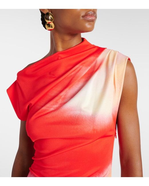 Oscar de la Renta Red Colorblock Draped Jersey Midi Dress