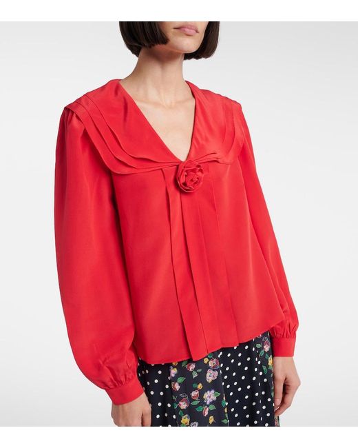 Rixo Red Emelin Floral-Applique Silk Blouse