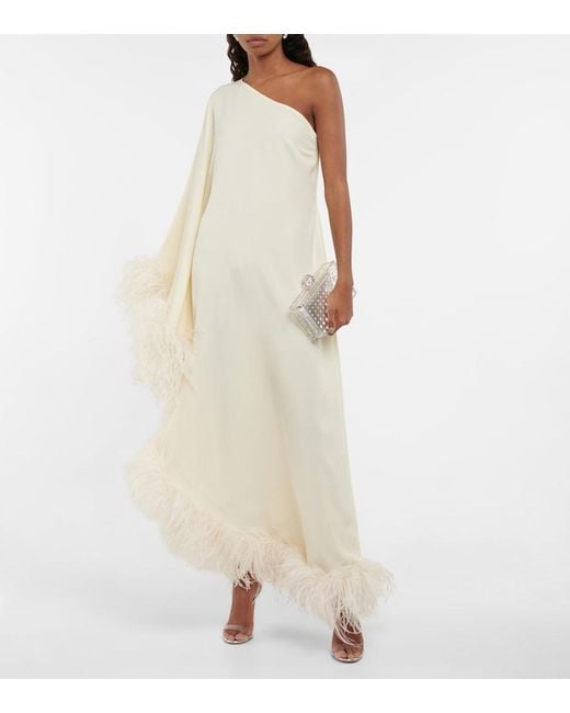 Taller Marmo White Ubud One-Shoulder Feather-Trimmed Crepe Maxi Dress