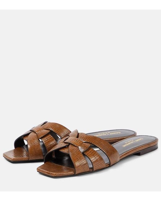 Saint Laurent Brown Tribute Lizard-Effect Leather Slides