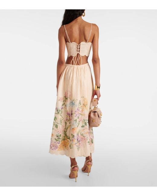 Zimmermann Natural Floral Print Linen Midi Dress