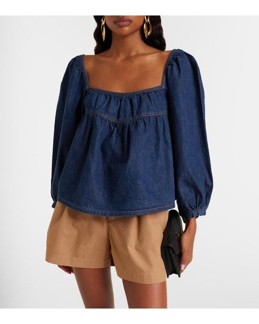 Saint Laurent Blue Gathered Denim Blouse
