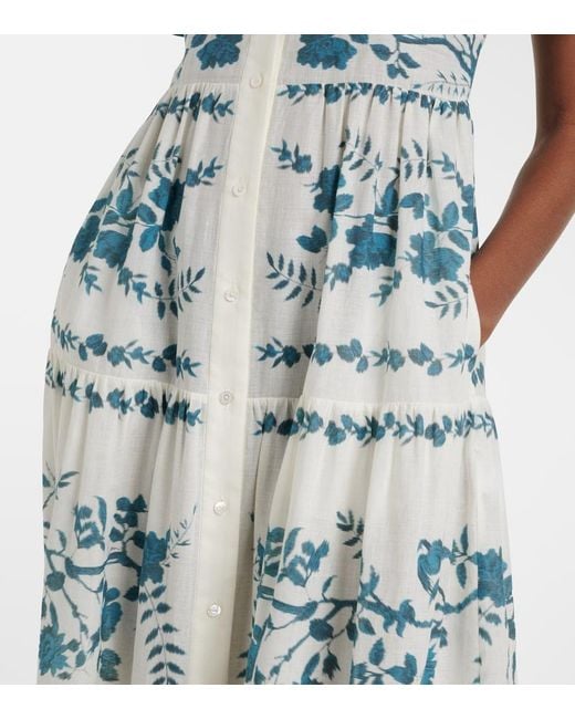 Erdem Blue Floral Cotton And Linen Tiered Shirt Dress