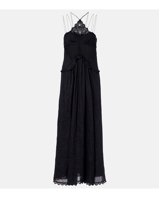 Isabel Marant Black Lindy Lace-Trimmed Embroidered Ramie Maxi Dress