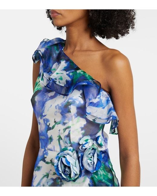 Costarellos Blue Carmea Floral Silk Organza Maxi Dress
