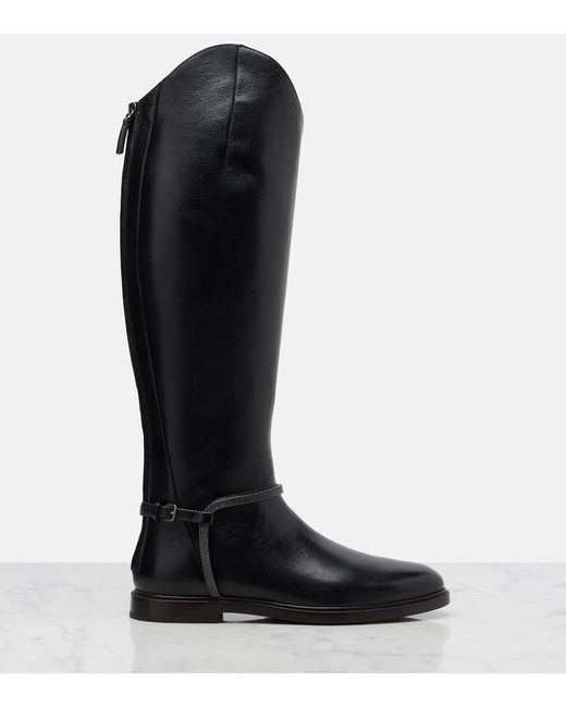 Brunello Cucinelli Black Monili Leather Knee-High Boots