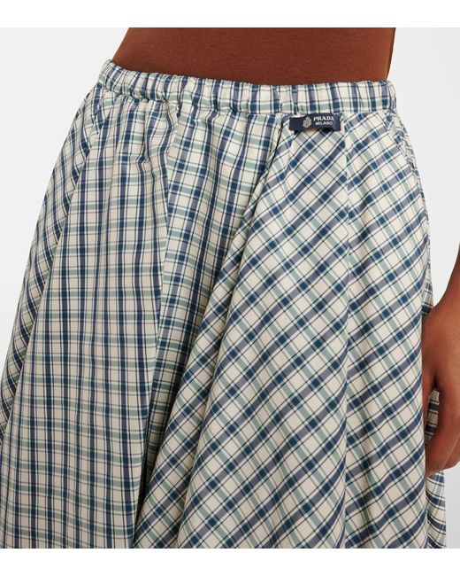 Prada Blue Checked Cotton-Blend Chambray Midi Skirt
