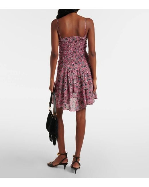 Isabel Marant Purple Anka Shirred Tiered Printed Cotton-Voile Mini Dress
