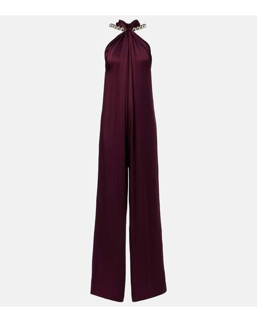 Stella McCartney Purple Embellished Halterneck Satin Jumpsuit