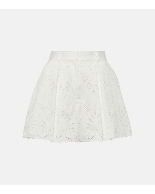 Self-Portrait White High-rise Embroidered Cotton Shorts