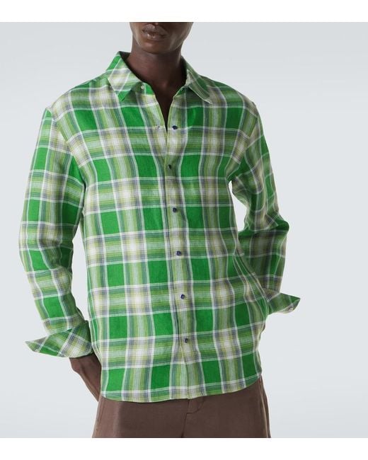 God's True Cashmere Green Harbor Plaid Linen Shirt With Lapis Lazuli for men