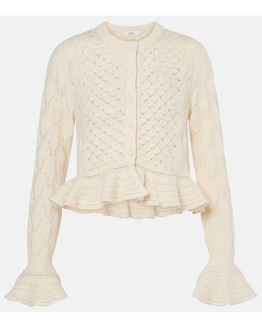 Chloé Natural Ruffled Cotton, Wool, And Silk Cardigan