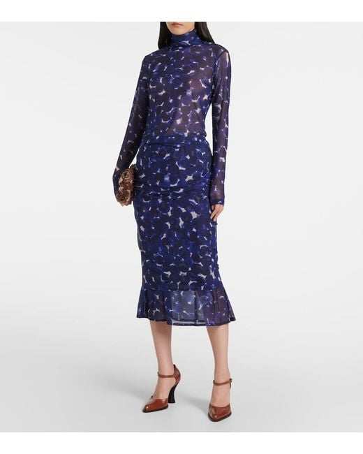 Dries Van Noten Blue Printed Gathered Jersey Midi Skirt