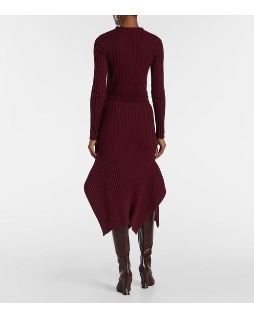 Stella McCartney Red Asymmetric Ribbed-Knit Midi Skirt