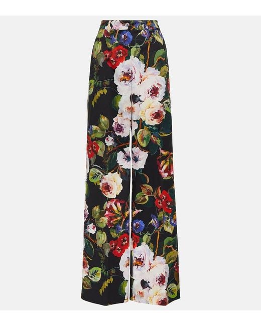 Dolce & Gabbana White Floral Cotton-Blend Wide-Leg Pants