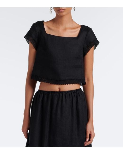 Posse Black Alfie Cropped Embroidered Linen Top