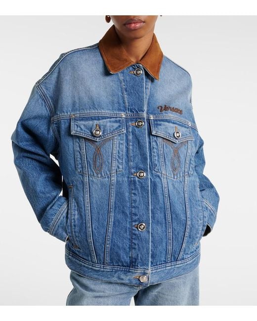 Versace Blue Trucker Suede-Trimmed Denim Jacket