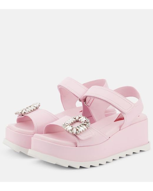 Roger Vivier Pink Embellished Leather Platform Sandals