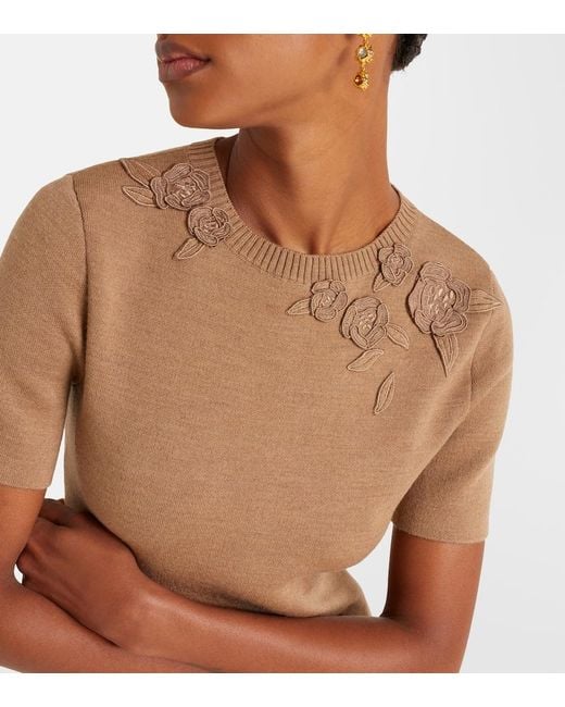 Oscar de la Renta Brown Foxgloves Wool-Blend Midi Dress