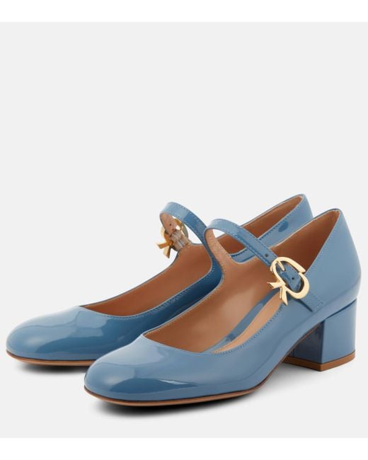 Gianvito Rossi Blue Mary Ribbon Patent Leather Mary Jane Pumps