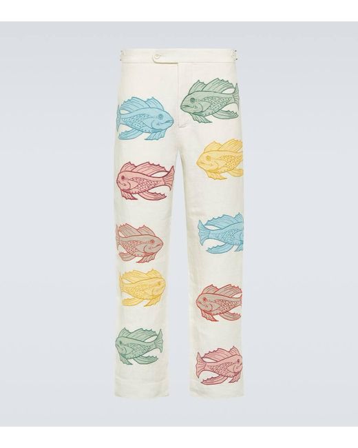 Pantaloni chino Piscine in lino con ricamo di Bode in White da Uomo