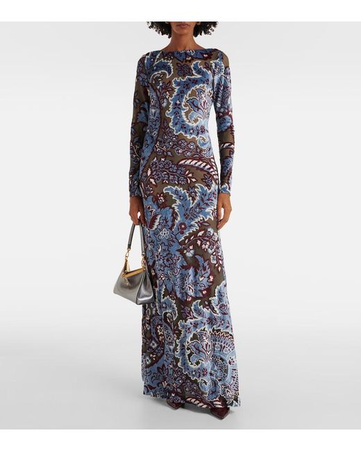 Etro Blue Paisley Crepe Jersey Maxi Dress