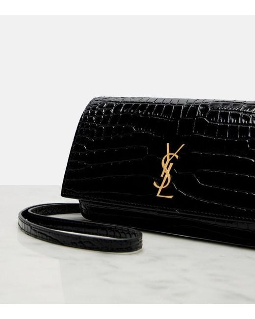 Saint Laurent Black Cassandre Mini Croc-Effect Leather Phone Pouch
