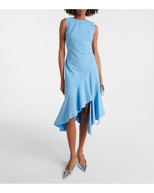 Oscar de la Renta Blue Asymmetrical Wool-Blend Midi Dress