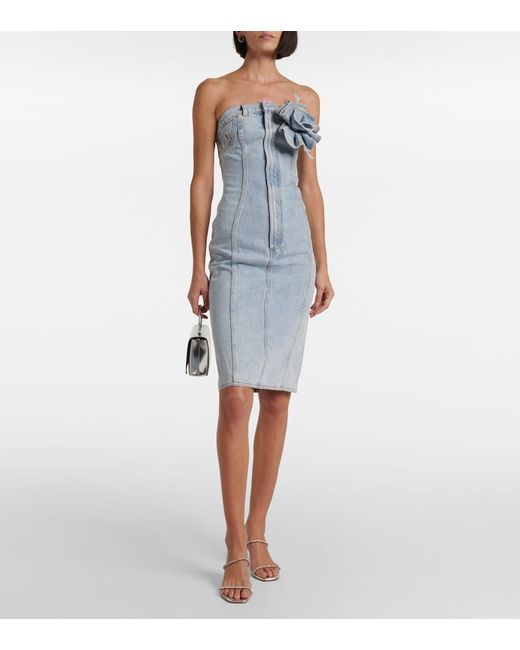 Area Blue Floral-Applique Denim Midi Dress