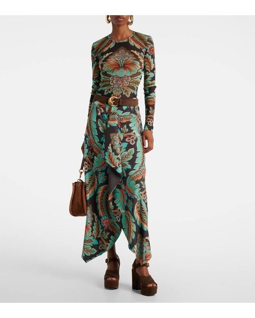 Etro Green Floral Asymmetric Wrap Skirt