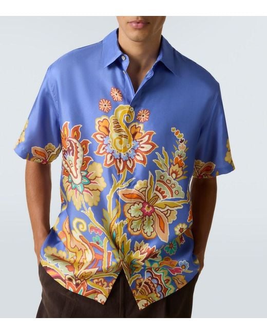 Etro Blue Floral Silk Bowling Shirt for men