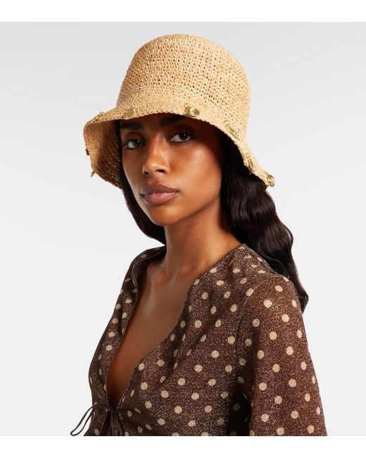 Oseree Natural Embellished Raffia Bucket Hat