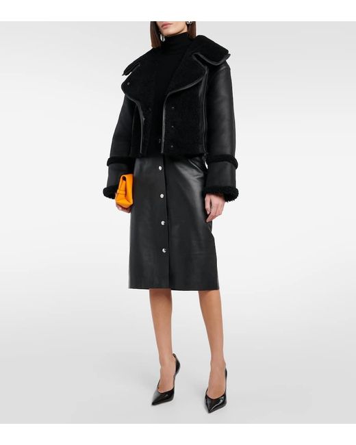 Victoria Beckham Black Press-Stud Leather Midi Skirt