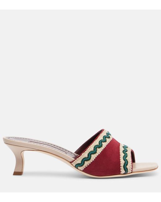 Manolo Blahnik Marebis 50 Embroidered Suede Mules