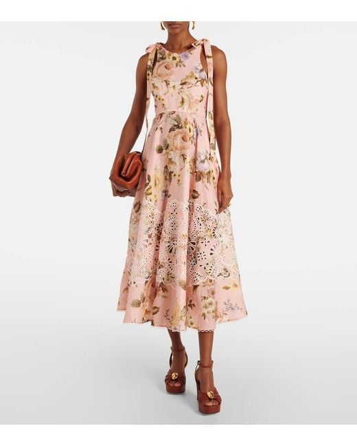 Vestido Midi Acacia De Lino Con Bordado Ingles Zimmermann de color Pink