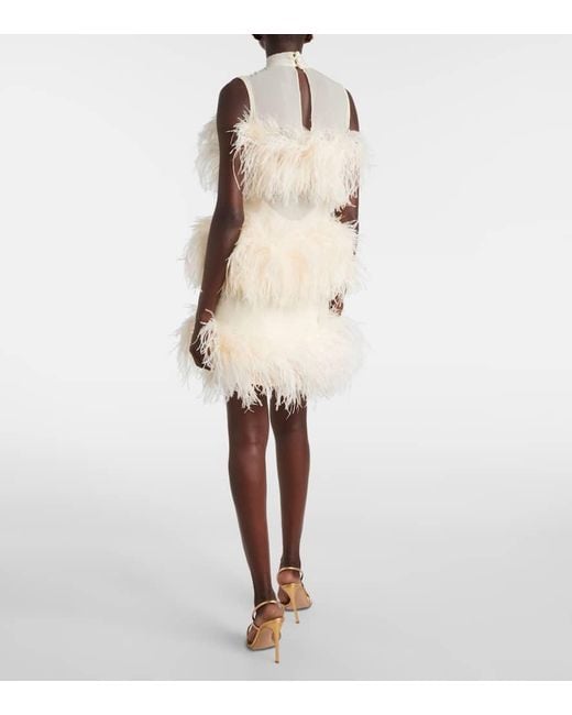 ‎Taller Marmo Natural Divine Feather-Trimmed Chiffon Minidress