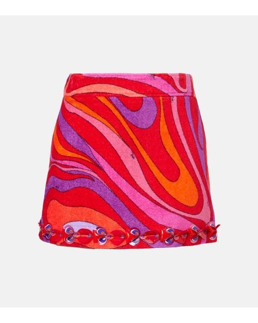Emilio Pucci Red Marmo Embellished Cotton Terry Miniskirt