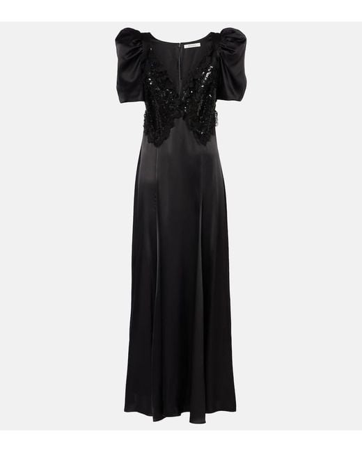 Rodarte Black Lace-Trimmed Silk-Blend Charmeuse Maxi Dress